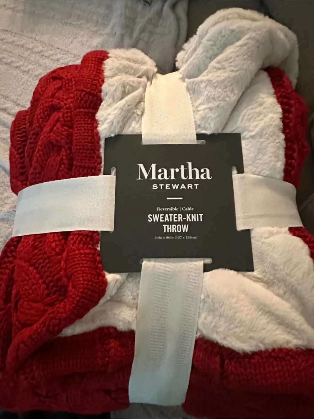 New! Martha Stewart Red Cable Knit Reversible Throw with Cream Sherpa